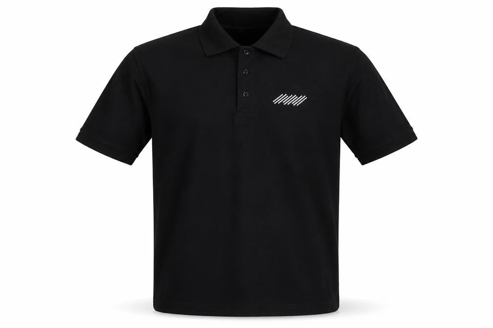 Front view of Orn men’s black polo, size M