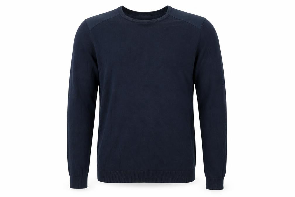 Front view of H&M men’s blue jumper, size S