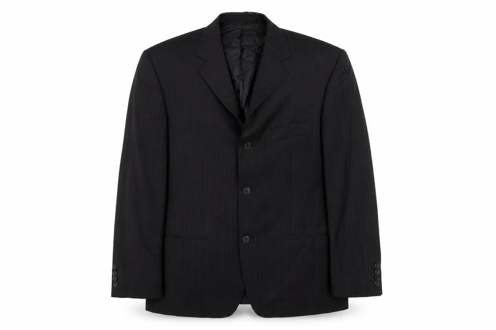 Front view of Van Kollem men’s black striped jacket blazer, size 36