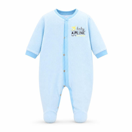 Front view of Lupilu boys’ blue babygrow one-piece, size 0-3, months