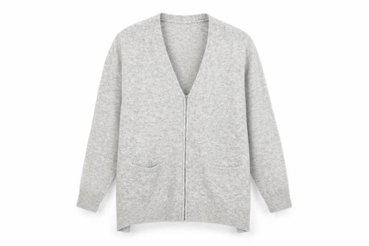 Front view of Preworn women’s grey knit jacket coatigan, size S