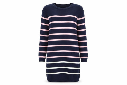 Front view of ulifestyle women’s blue striped jumper dress, size S
