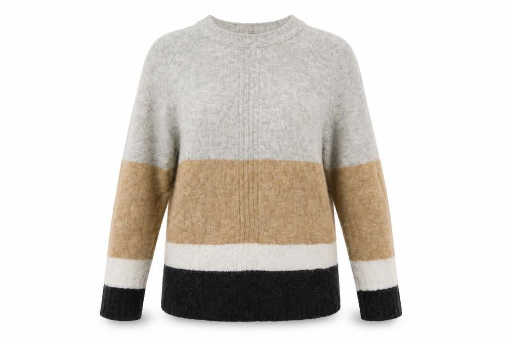 Front view of Marks & Spencer women’s grey striped jumper, size M
