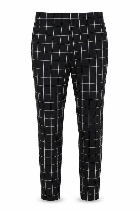 Front view of H&M women’s black check trousers, size UK 6, 25-inch leg