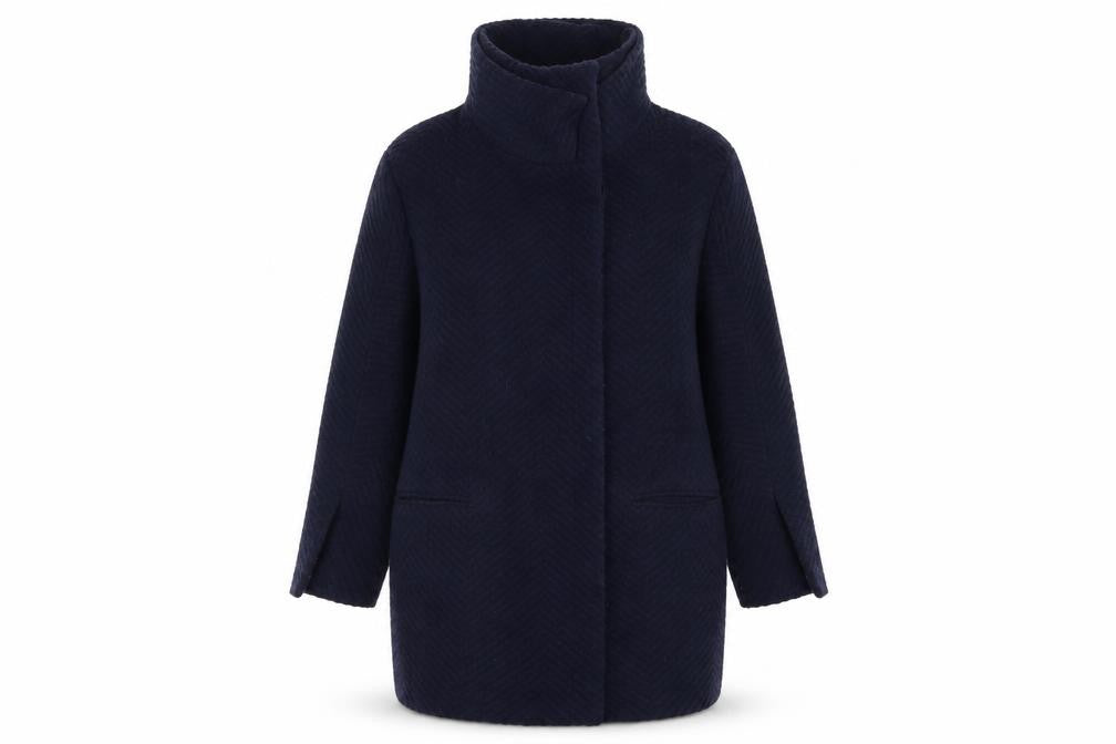 Front view of ASOS women’s blue overcoat coat, size UK 8