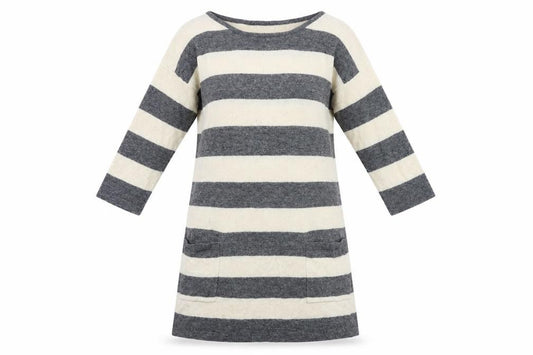 Front view of I Love H81 women’s beige striped jumper dress, size L