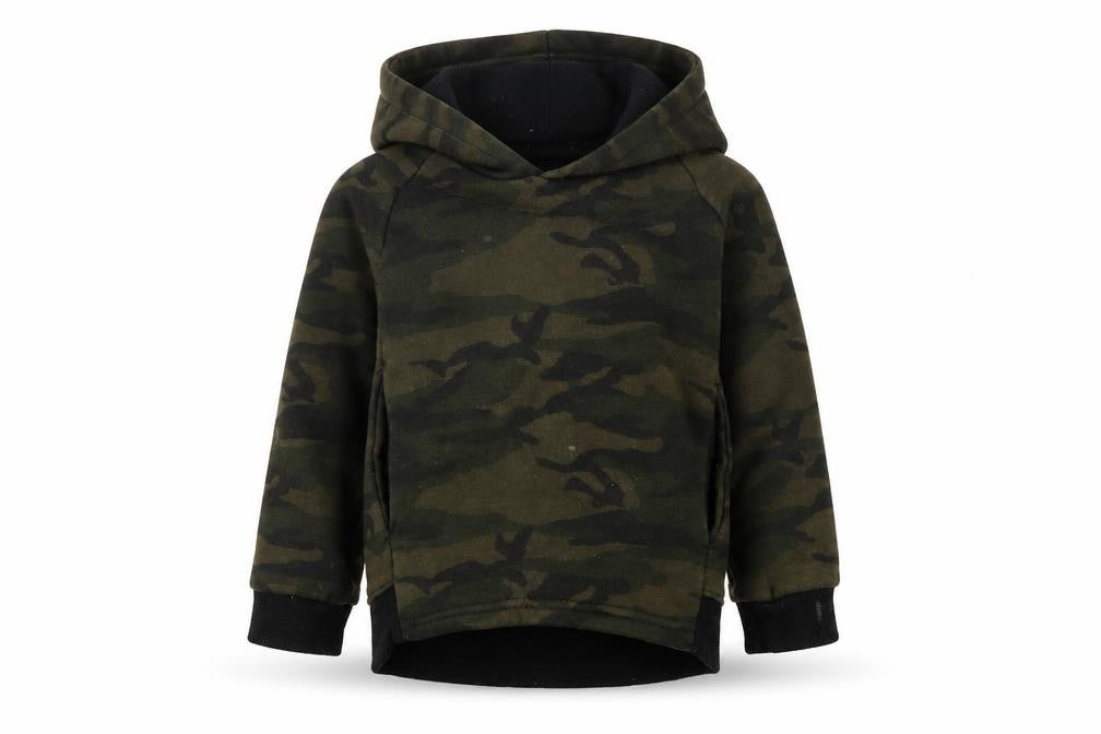Front view of Primark boys’ green camouflage pullover hoodie, size 2-3, years