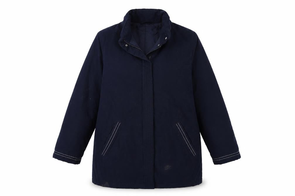 Front view of Marks & Spencer women’s blue overcoat coat, size UK 16
