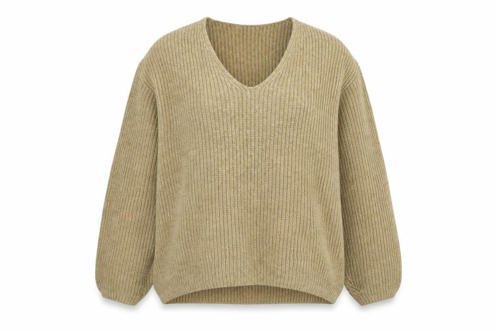 Front view of H&M women’s beige knit jumper, size S, - oversized