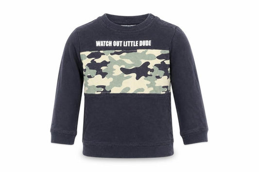 Front view of SO CUTE Baby Blue jumper, size 12-18, Months - Camo detail