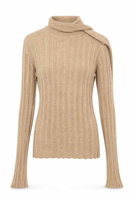 Front view of ASOS women’s beige striped jumper, size UK 12