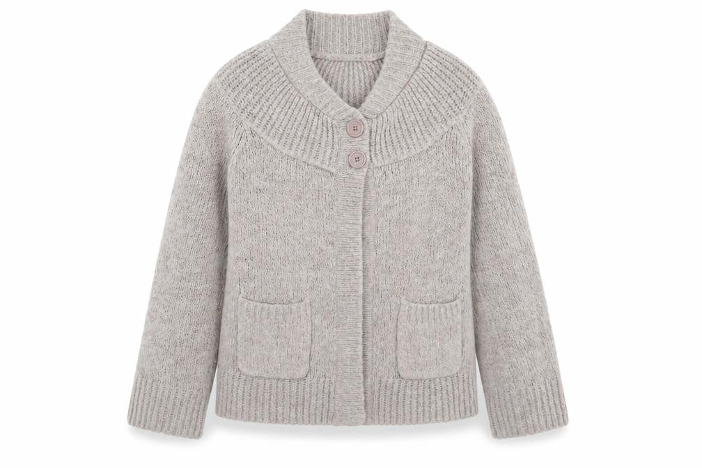 Front view of EA women’s grey cardigan jumper, size S