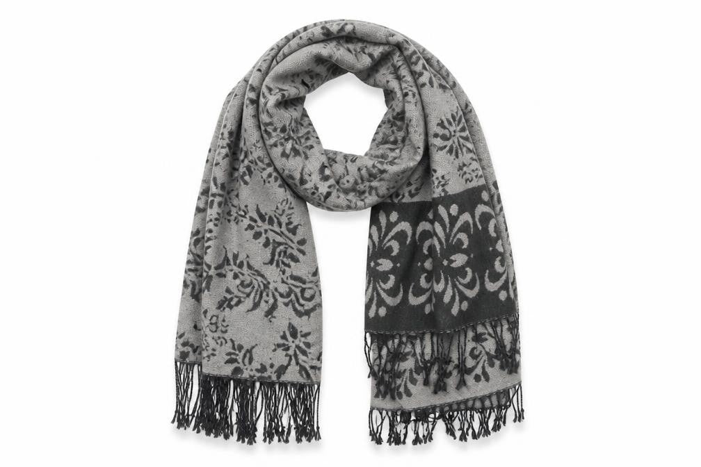 Front view of Preworn women’s grey floral shawl/wrap