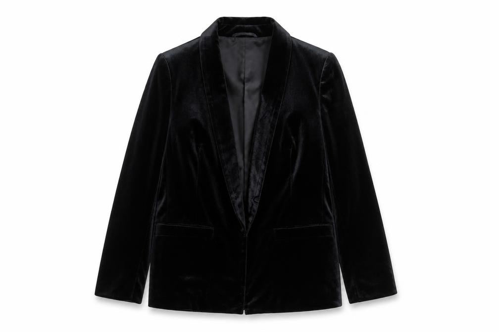 Front view of Elli White women’s black velour jacket, size M