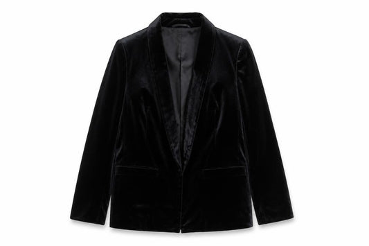 Front view of Elli White women’s black velour jacket, size M
