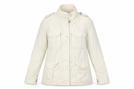 Front view of outwear women’s beige jacket coat, size UK 14