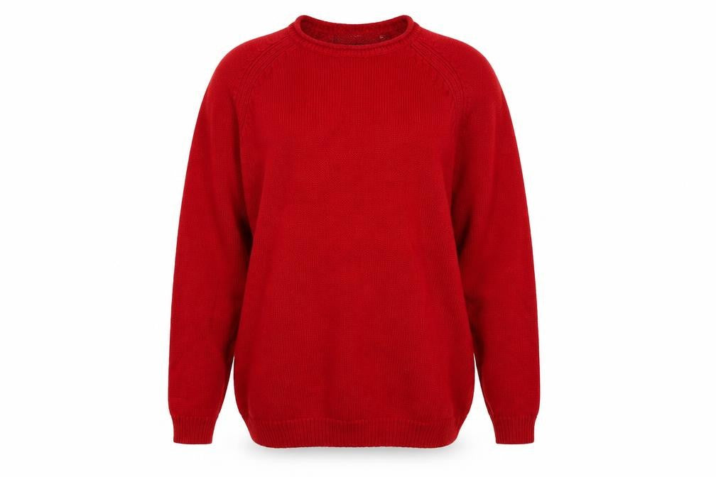 Front view of isle women’s red knit jumper, size M