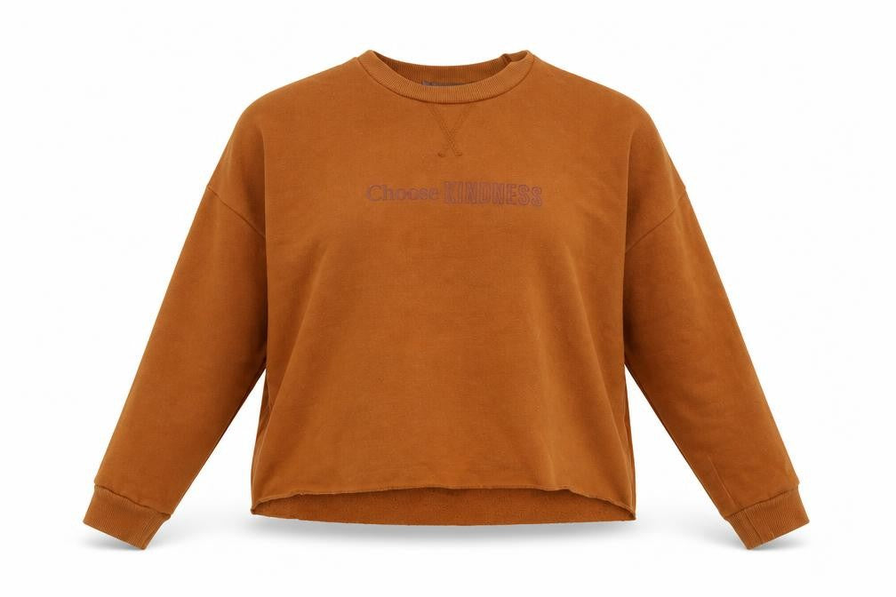 Front view of Primark women’s brown pullover sweatshirt size 2xs - choose kindness. cropped