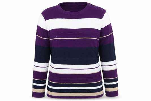 Front view of EWM women’s multicoloured striped jumper, size L