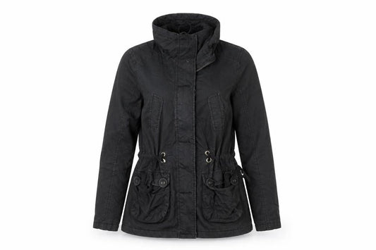 Front view of Authentic women’s black parka jacket, size UK 10