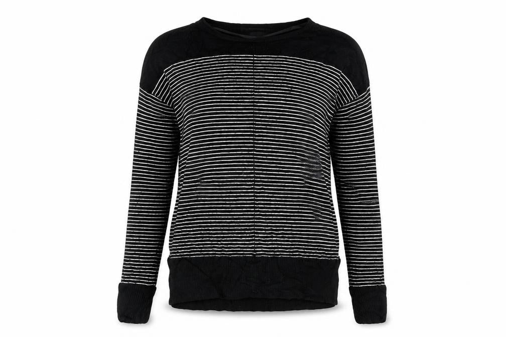 Front view of Atmosphere women’s black striped jumper, size UK 8