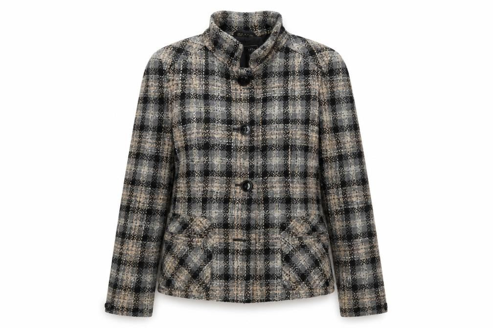 Front view of Manuetto women’s black check jacket, size UK 12