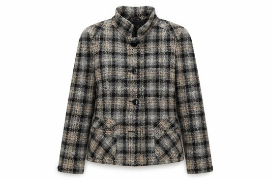 Front view of Manuetto women’s black check jacket, size UK 12