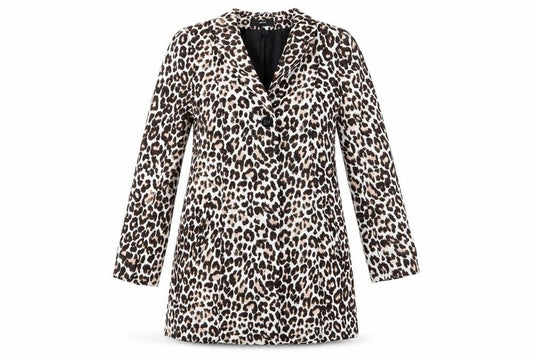 Front view of H&M women’s beige animal print overcoat jacket, size UK 4