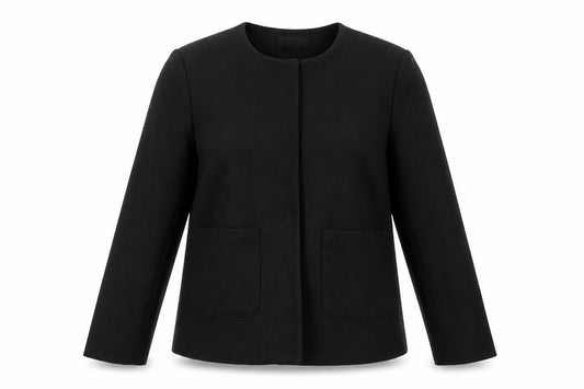 Front view of H&M women’s black jacket, size UK 8