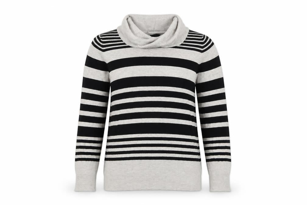 Front view of Marks & Spencer women’s beige striped jumper, size UK 10