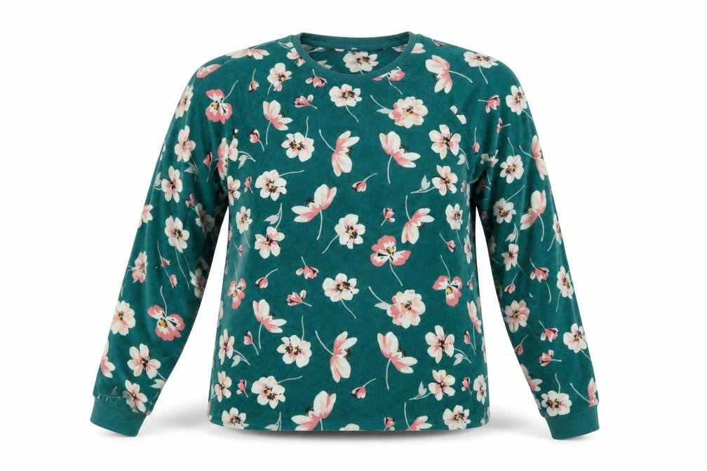 Front view of Love To Lounge women’s green floral jumper, size UK 6