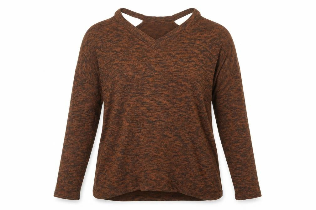 Front view of New Look women’s brown basic t-shirt, size S, - open shoulders