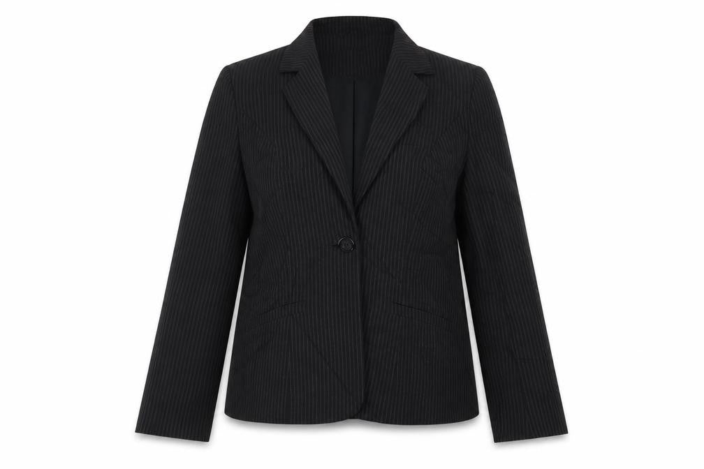 Front view of Papaya women’s black striped jacket blazer, size UK 16