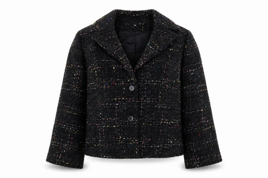 Front view of EVELIN BRANDT women’s black polka dot jacket, size UK 14