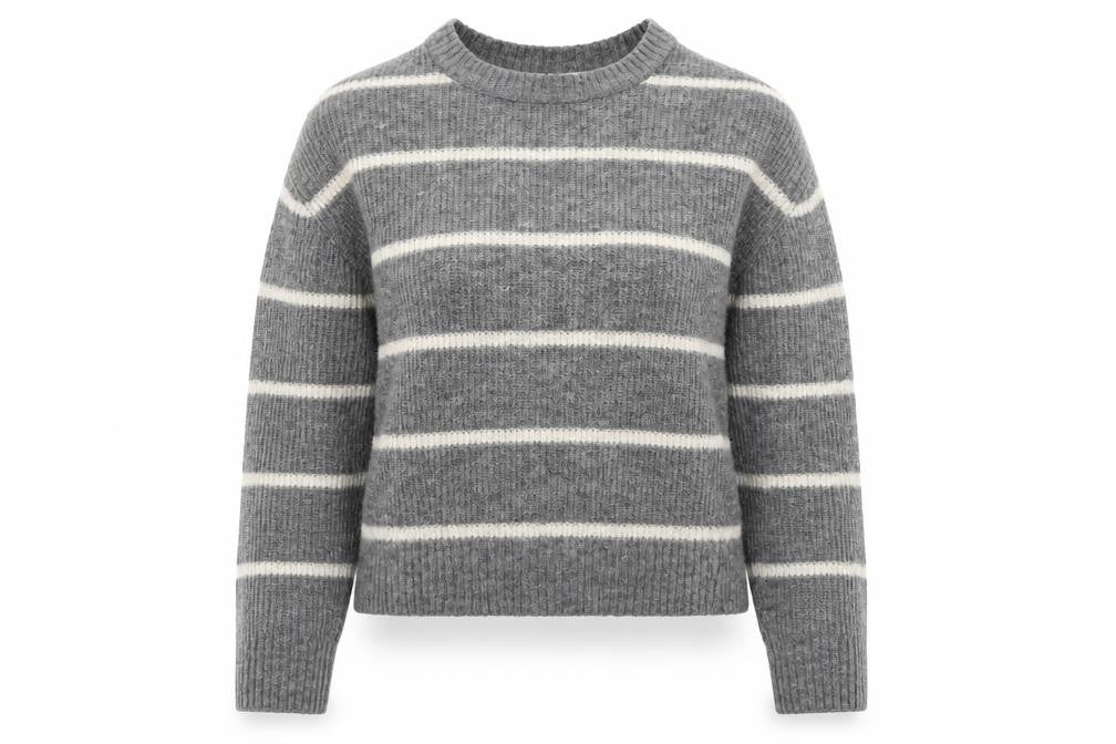 Front view of H&M women’s grey striped knit jumper, size UK 6