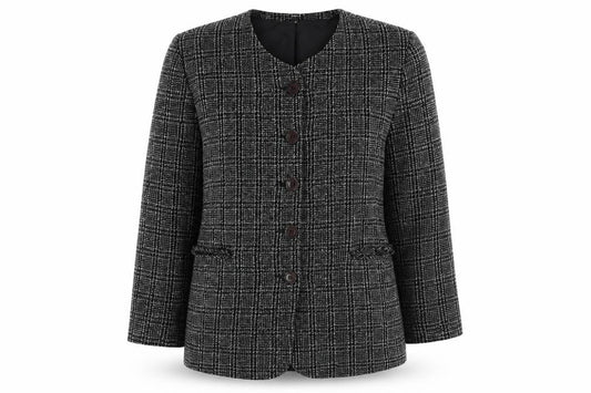 Front view of Klass women’s black check jacket, size UK 12