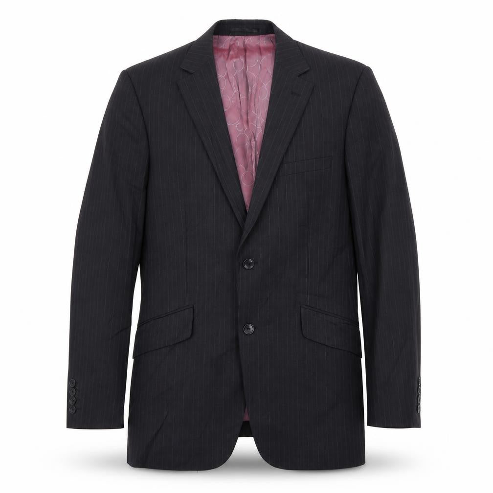 Front view of Remus Uomo men’s black striped jacket blazer, size 38