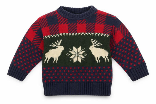 Front view of Real Clothes boys’ multicoloured geometric jumper, size 0-3, months
