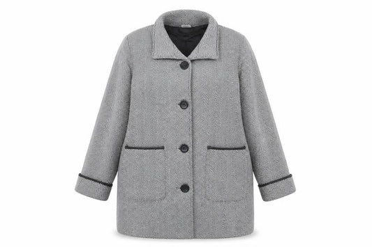 Front view of Anne De Lancay women’s grey striped jacket coat, size UK 20