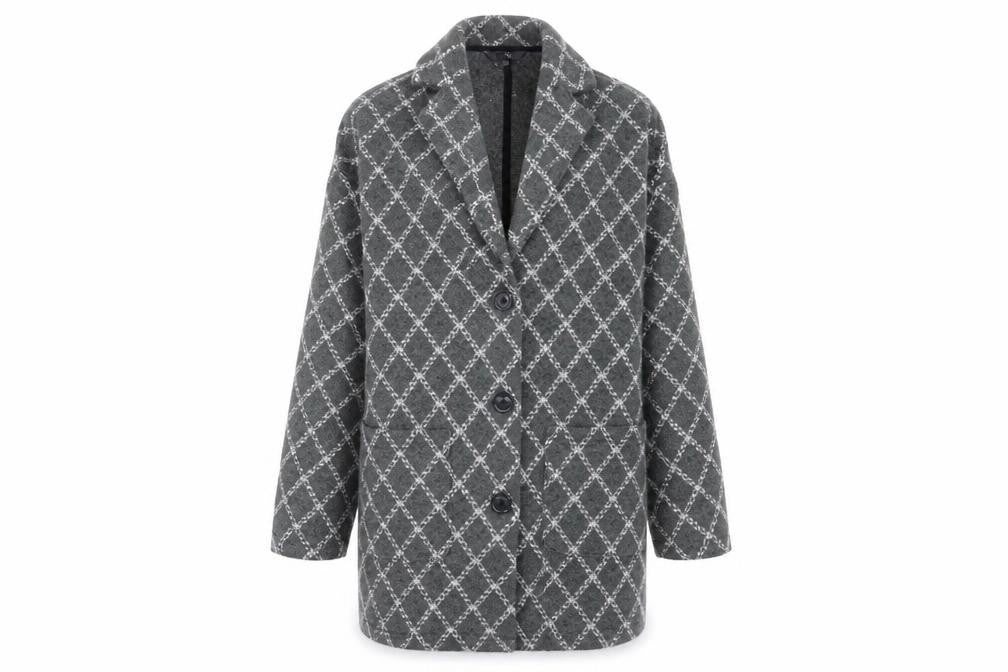 Front view of Next women’s grey check overcoat coat, size M