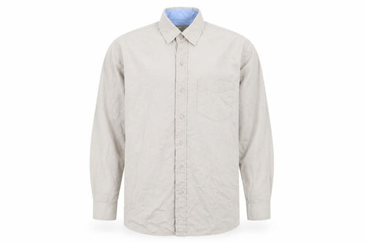 Front view of Unity men’s beige button-up, size M