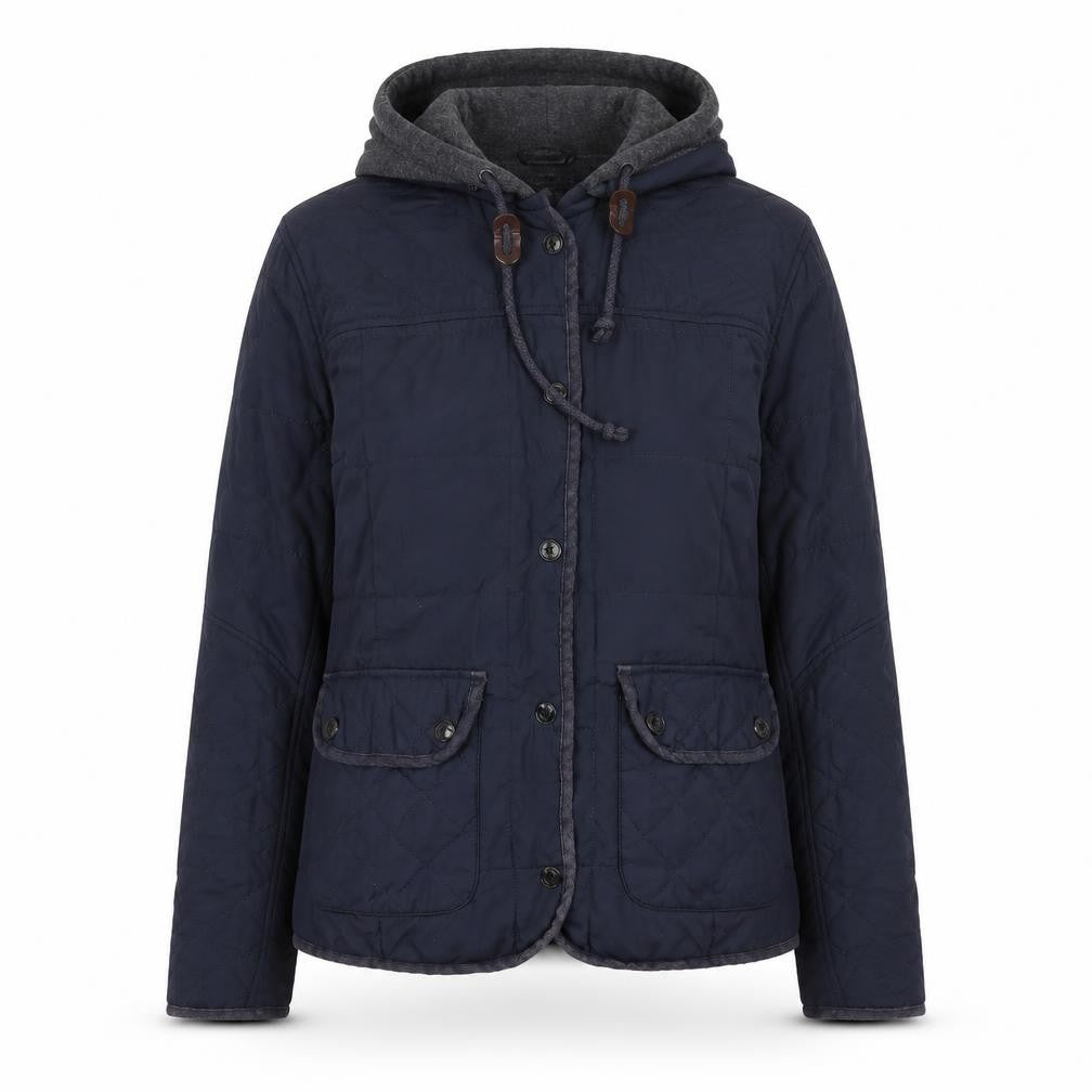 Front view of River Island women’s blue jacket coat, size UK 8