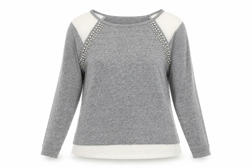 Front view of Maison Jules women’s grey jumper, size M, - beaded