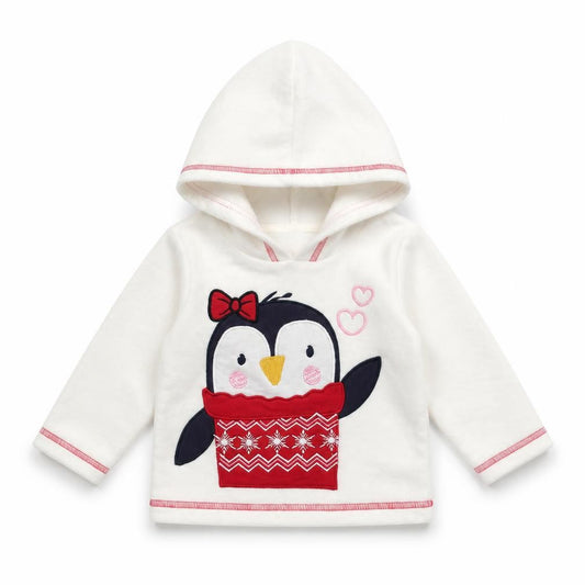 Front view of M&Co girls’ white jumper, size 6-9, months - penguin