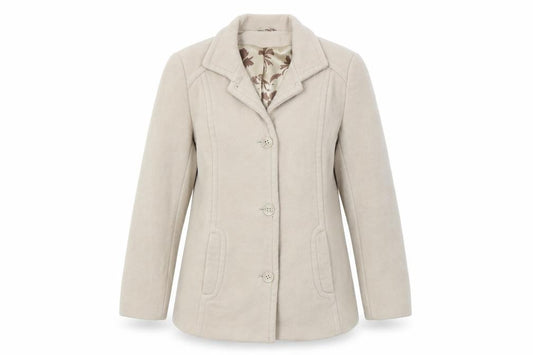 Front view of Klass women’s beige jacket coat, size UK 14