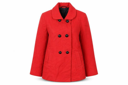 Front view of EWM women’s red jacket coat, size UK 14