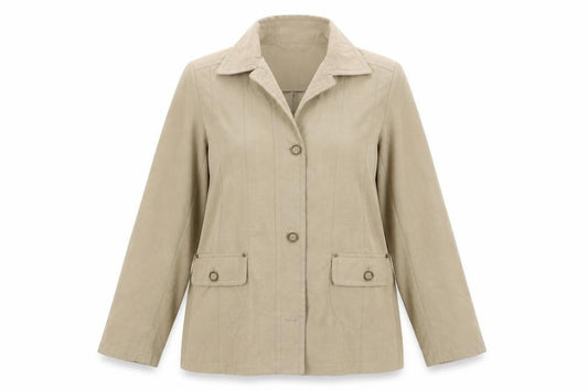 Front view of EWM women’s beige jacket coat, size UK 12