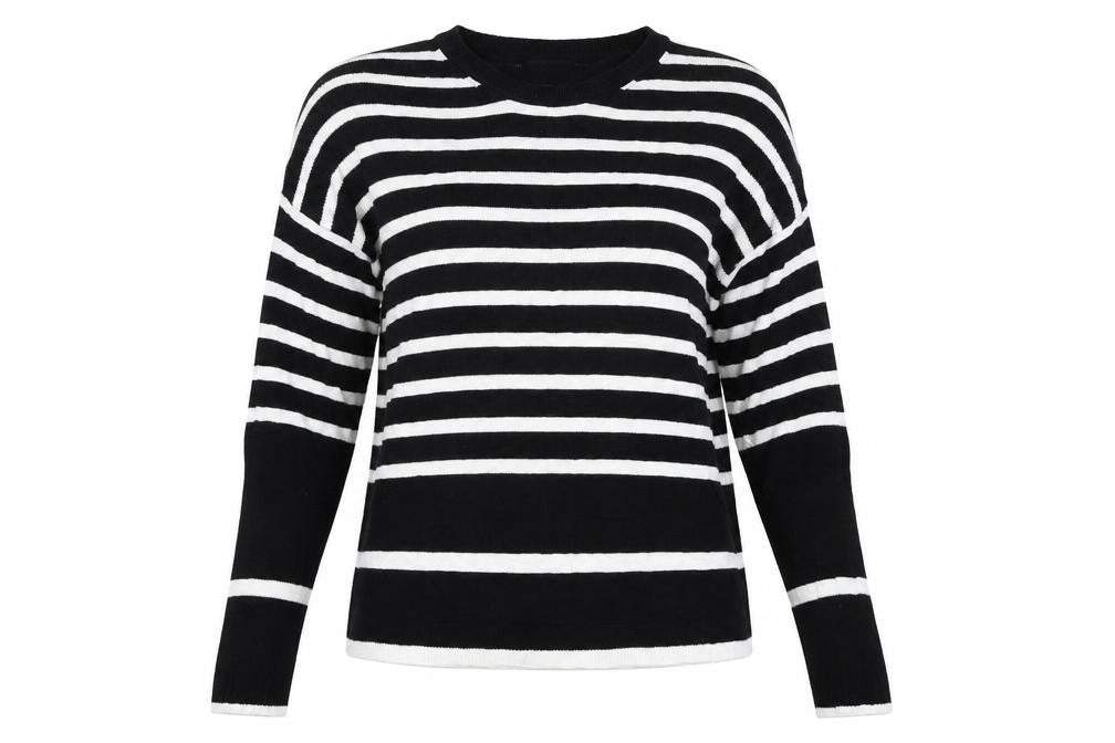 Front view of Marks & Spencer women’s black striped jumper, size UK 8