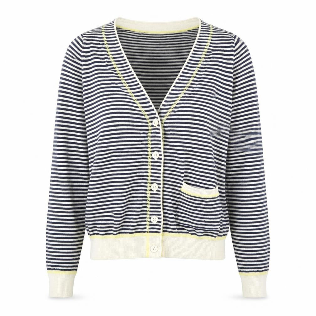 Front view of Topshop women’s blue striped cardigan jumper, size UK 6