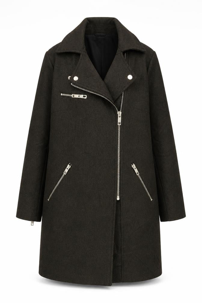 Front view of New Look women’s green biker coat, size UK 6